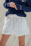 Linen Blend Elastic Waist Drawstring Shorts: White / S-M-L:2-2-2