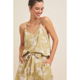 V-NECK FLORAL PRINT LINEN BLEND CAMI TOP: SAGE / L