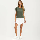 Short Sleeve Textured Knit Top with Crew Neck Ribbed Trim and Relaxed Fit: Light Beige / Small 4-6
