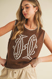 IT4194 FISH PRINTED SLEEVELESS SWEATER TOP: CREAM/BLUE / M