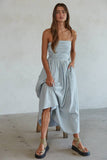 L6998 | Striped Tube Neck Strapless Flare Maxi Dress: Off White / M