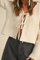 J4721   LONG SLEEVE KNITTED TIE FRONT CARDIGAN: Beige / M