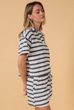 COLLARED NECK SHORT SLEEVE STRIPE BOX TOP: WHITE-DENIM STRIPE / L