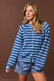 RAGLAN LONG SLEEVE CREW NECK STRIPED SWEATER CARDIGAN: BLUE-LT BLUE STRIPE / L