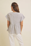 DROP SHOULDER SPLIT NECK STRIPE PEPLUM TOP: CORAL / L