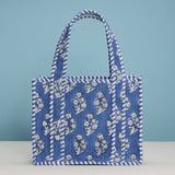 Blue Quilted Floral Mini Tote Bag – Striped Handle Fabric Lunch, Gift & Everyday Carry Bag: BL / ONE