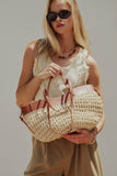 Woven Raffia & Leather Trim Double Strap Tote: Tan