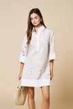 Floral Embroidery Contrast Shirt Dress : LT TAUPE-WHITE / M