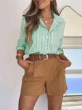 Vertical Stripe Button-Up Shirt with Rolled Sleeves: Khaki / L