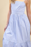 CD05584-Striped Adjustable Spaghetti Strap Midi Dress: Blue / S