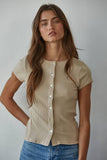 RJ3493 | Knit Ribbed Buttondown Short Sleeve Cardigan Top: Beige / S