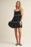 TAPE TRIM WITH SHIRRED TIERED ROMPER DRESS: SNOW WHITE / S