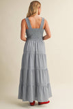 STRIPED SMOCKED-BODICE TIERED DRESS: DENIM / S
