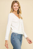 V-NECK BUTTON DOWN WOVEN COMBO TOP - 5831W: HEATHER GREY / SM