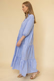 Striped Poplin Collared ¾ Sleeve Tiered Button Up Maxi Dress: Lt. Blue Stripes / XS