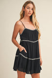 TAPE TRIM WITH SHIRRED TIERED ROMPER DRESS: SNOW WHITE / M