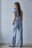 L8945T | Knit Polyester Cotton Striped Short Sleeve Top: Grey Blue / M