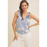 ROMANTIC EMBROIDERY BLOUSE TOP WITH BOW STRAPS: DUSTY BLUE / L