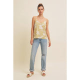 V-NECK FLORAL PRINT LINEN BLEND CAMI TOP: SAGE / S