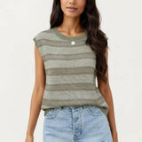 Sleeveless Striped Knit Top with Shoulder Button Detail and Relaxed Fit: Black / Large 12-14