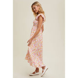 FLORAL RUFFLED MIDI DRESS / WL24-9542: PUNCH COMBO / M