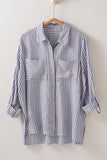Relaxed Fit Vertical Striped Rayon Button Down Shirt: BLUE / S-2/M-2/L-2