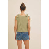 ROMANTIC EMBROIDERY BLOUSE TOP WITH BOW STRAPS: DUSTY BLUE / M