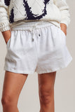 Linen Blend Elastic Waist Drawstring Shorts: White / S-M-L:2-2-2