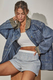 JK3737 Alex Contrast Collar Denim Barn Jacket: DENIM BLUE / S-M-L (3-2-1)