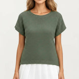 Short Sleeve Textured Knit Top with Crew Neck Ribbed Trim and Relaxed Fit: Light Beige / XL 16-18