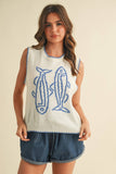 IT4194 FISH PRINTED SLEEVELESS SWEATER TOP: CREAM/BLUE / S