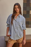 L5611 | Woven Cotton Collar Neck Button Front Long Sleeve: Blue / L