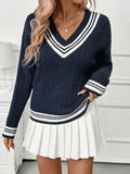 V-Neck Cable Knit Sweater with Contrast Stripes: Navy / L