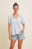 LIGHTWEIGHT STRIPE FLARE PEASANT BLOUSE WITH PUFF SLEEVES: SKY BLUE / L