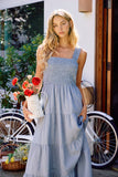 STRIPED SMOCKED-BODICE TIERED DRESS: DENIM / M