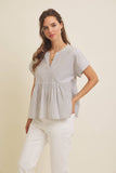 DROP SHOULDER SPLIT NECK STRIPE PEPLUM TOP: CORAL / S