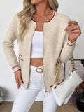 Zip-Front Knit Cardigan with Contrast Trim: Beige / S