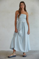 L6998 | Striped Tube Neck Strapless Flare Maxi Dress: Dusty Blue / S