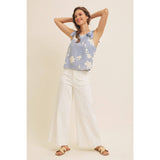ROMANTIC EMBROIDERY BLOUSE TOP WITH BOW STRAPS: DUSTY BLUE / S