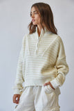 HSW1288 Preppy Californian Half-zip Striped Sweater-Ecru: ECRU / S-M-L (3-2-1)