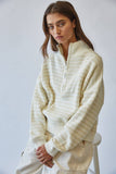 HSW1288 Preppy Californian Half-zip Striped Sweater-Ecru: ECRU / S-M-L (3-2-1)