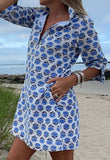 Sconset Block Print 3/4 Sleeve Dress (Blue): Sconset Blue / Small