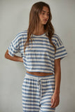 RJ3502T | Knit Cotton Polyester Rayon Striped Crop Top : Blue White / L