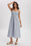 STRIPED SELF SHOULDER TIE MIDI DRESS / WL25-11446: BLUE/WHITE / M