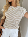Striped Short Sleeve Knit Top: Beige / XL