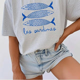 Les Sardines Print Women T-Shirt: Khaki / M