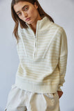 HSW1288 Preppy Californian Half-zip Striped Sweater-Ecru: ECRU / S-M-L (3-2-1)