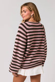 RAGLAN LONG SLEEVE CREW NECK STRIPED SWEATER CARDIGAN: BLUE-LT BLUE STRIPE / L