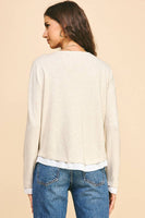 V-NECK BUTTON DOWN WOVEN COMBO TOP - 5831W: HEATHER GREY / SM