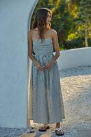 L6998 | Striped Tube Neck Strapless Flare Maxi Dress: Dusty Blue / S